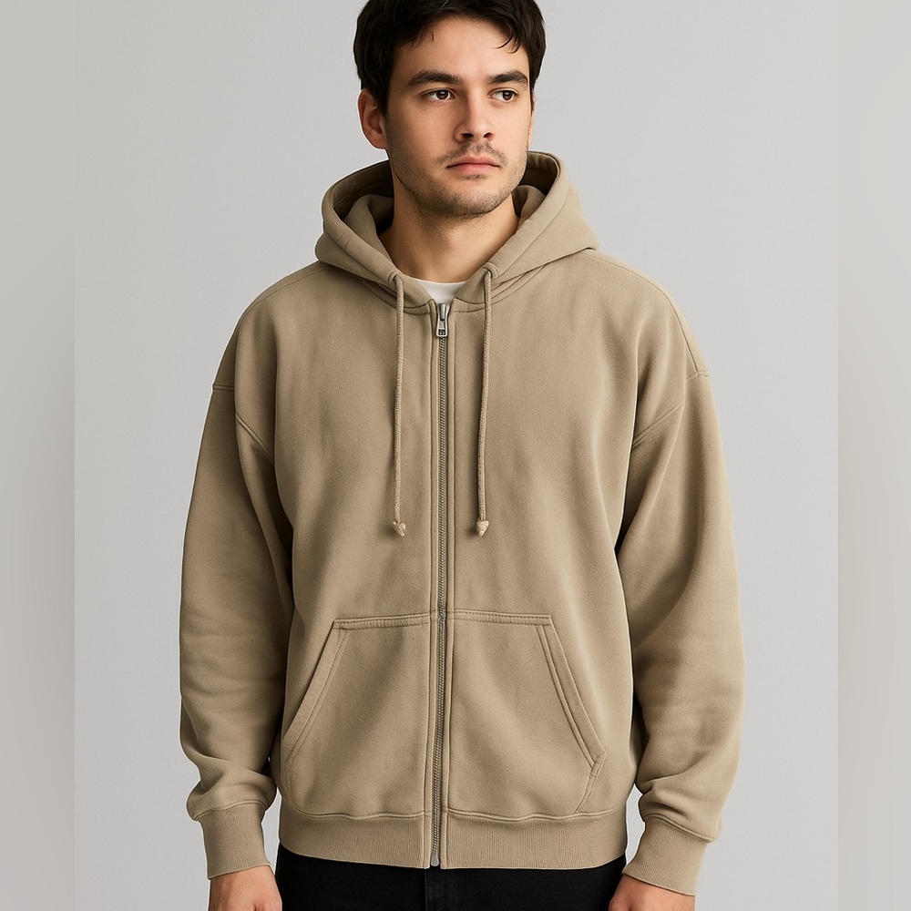 Brandy Melville Oversized Zip-Up Hoodie | Tan Neutral Fleece Lined Sweatshirt - Picture 2 of 7